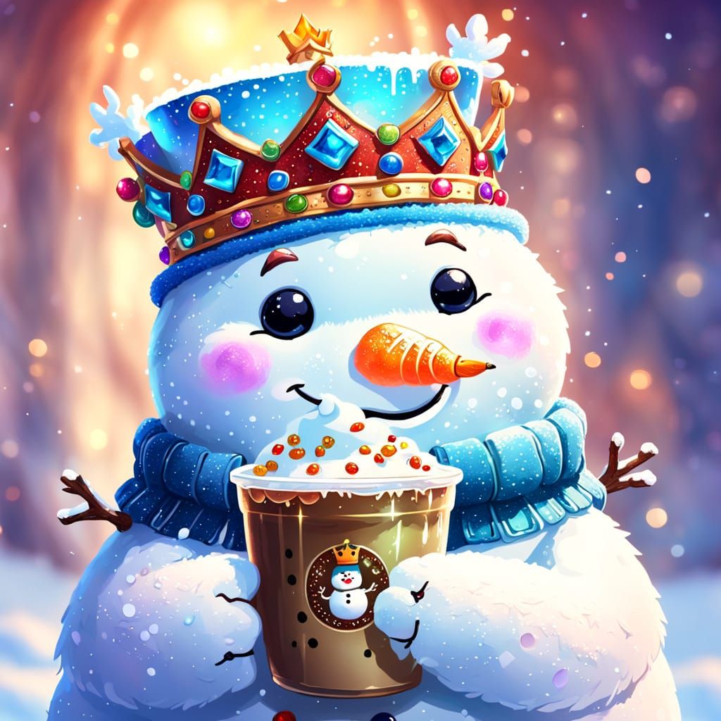 Snowman with Crown and Milk Tea, Digital Painting