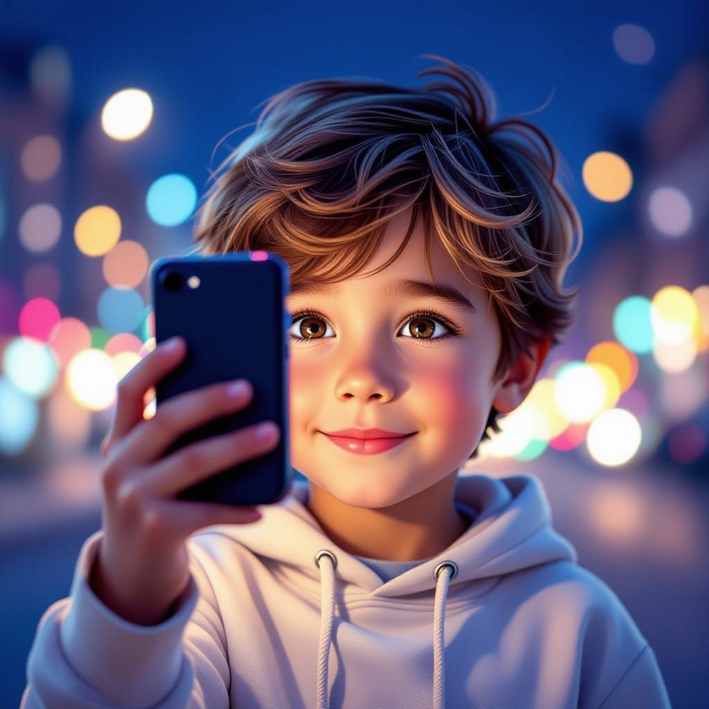Young Boy's Selfie Amidst Bokeh City Lights