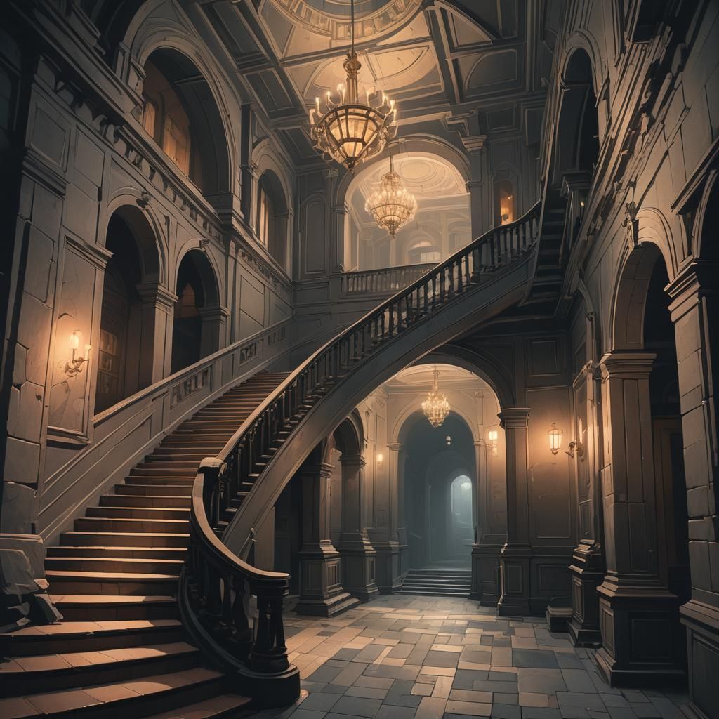 Grand escalier dans la pénombre avec une lumière diffuse