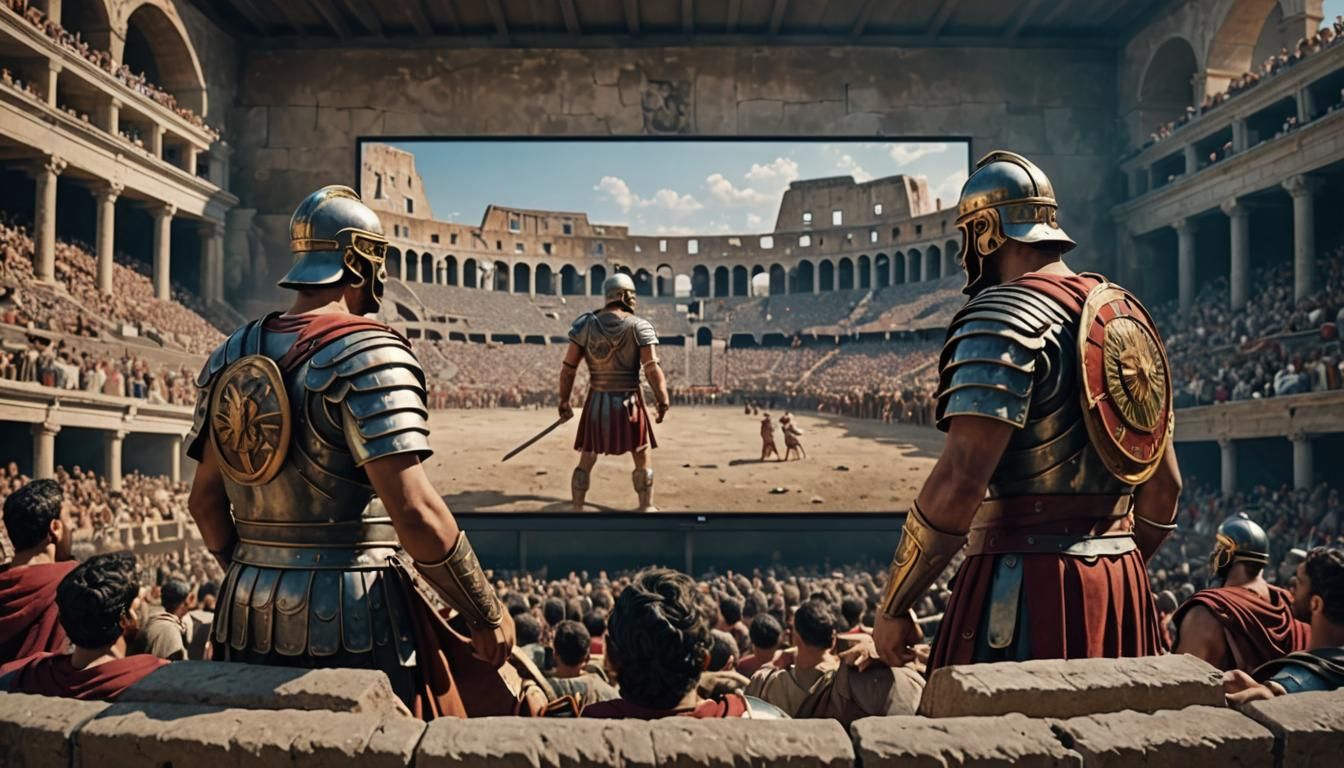 Game night: Roman emperor and his generals watching gladiators fight on a big TV screen   by @Inna 