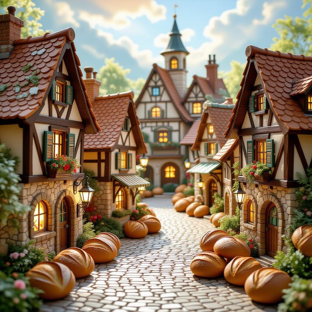 Whimsical Bread Village with Musical Metal and Glass Accents