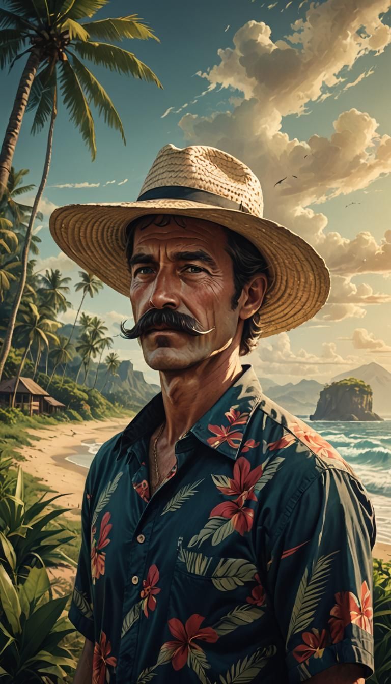 Man with Mustache in Hawaiian Shirt as Matte Painting