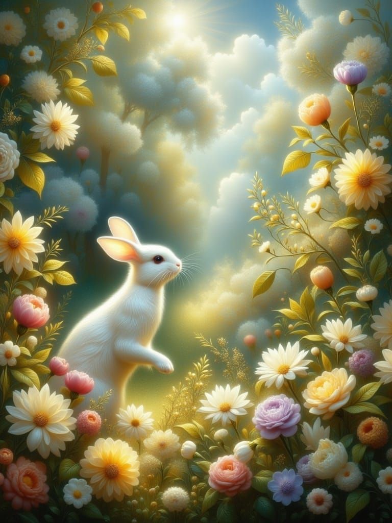  <lora:Luminist Flux:1.0> white rabbit in a garden, luminist style 