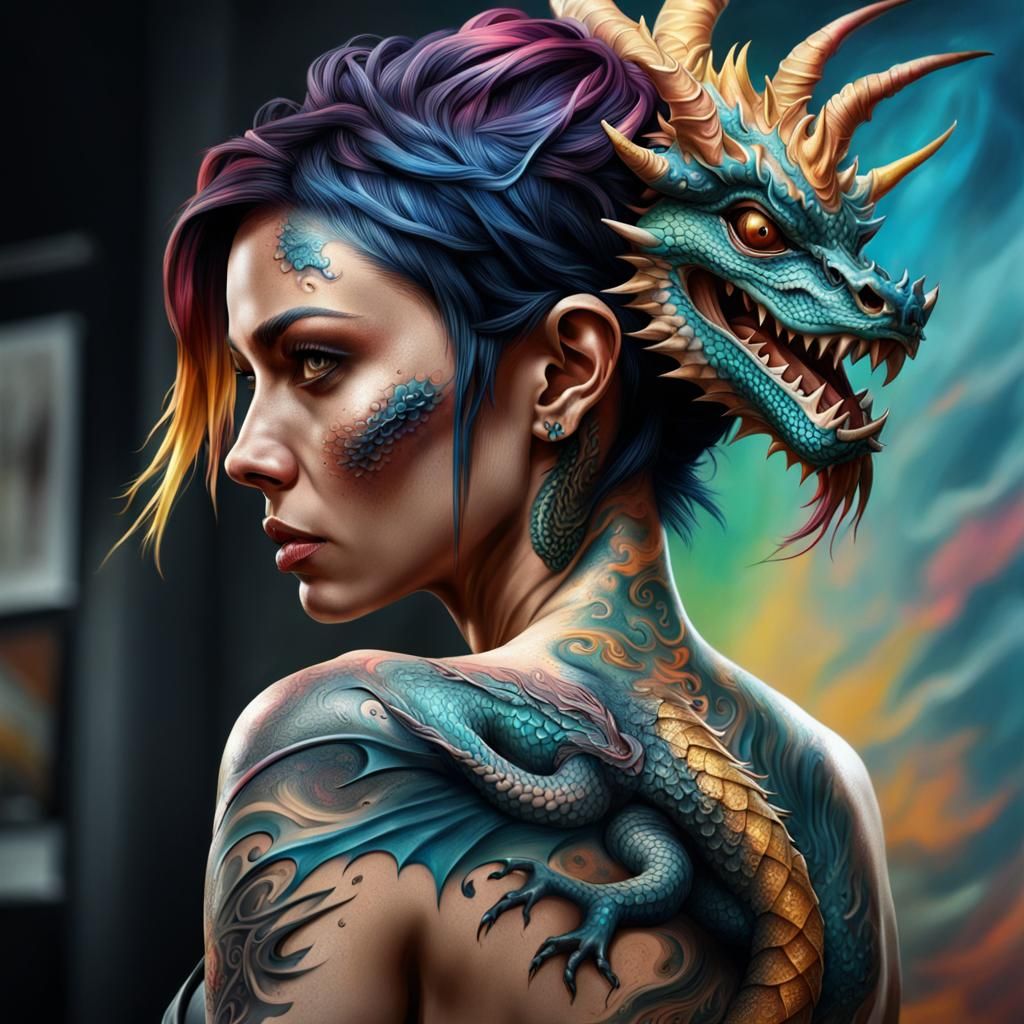 The girl with the full-back dragon tattoo.