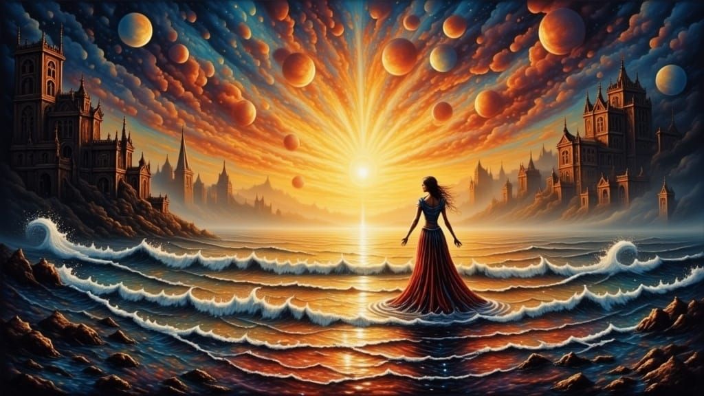 Ethereal Beach Dance in Cyberpunk Aesthetic