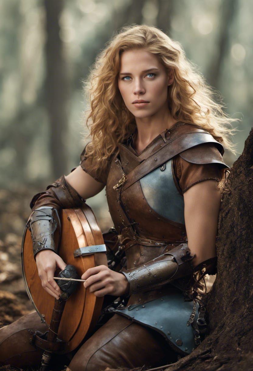 beautiful, young teenage female archer, honey-colored hair with long ...