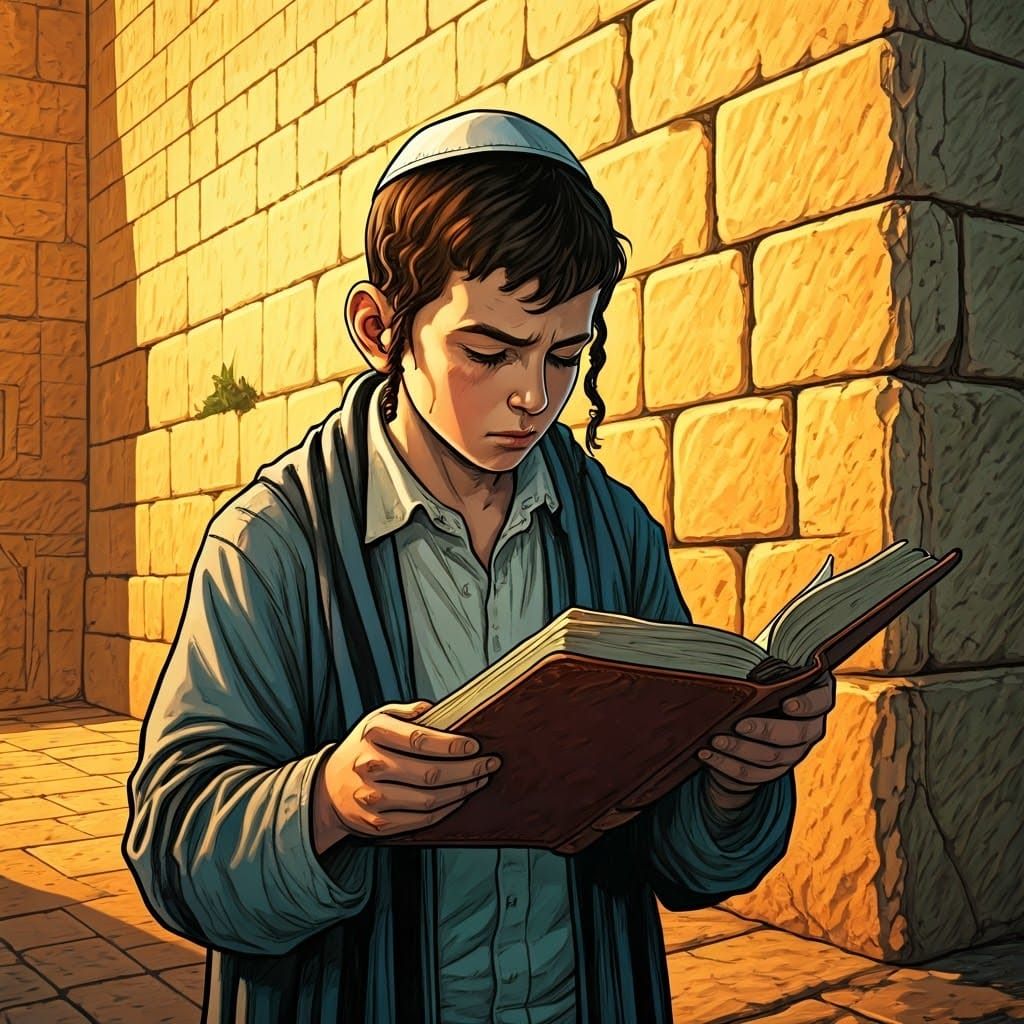 Chassidic Boy in Fervent Prayer at the Western Wall, in Vibr...