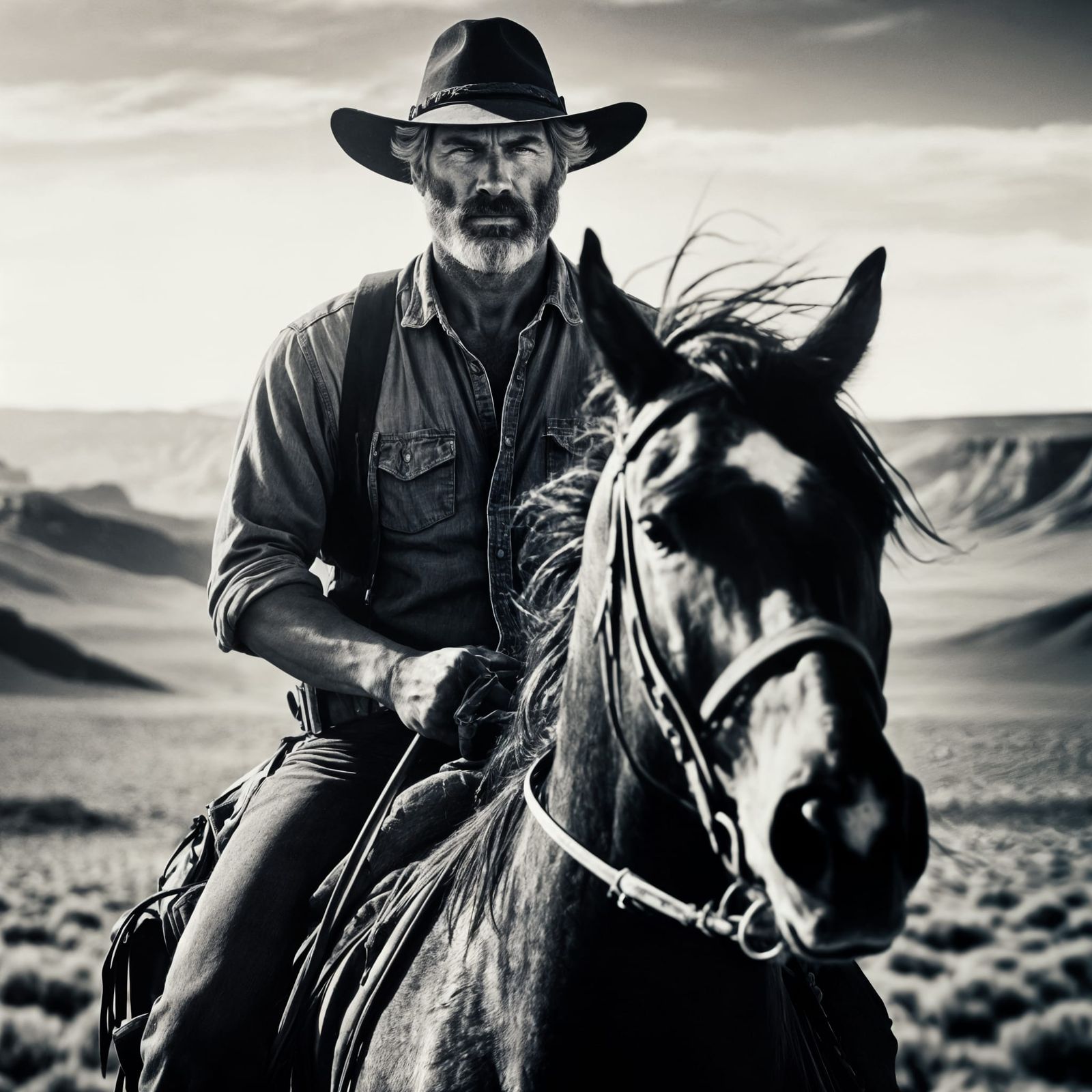 Black and white portrait of a cowboy on a horse