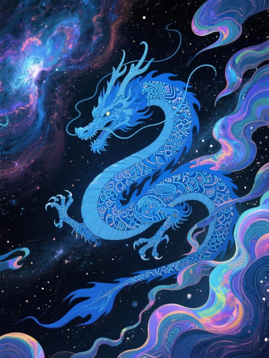 Blue dragon flying through space. Background is a nebula and clouds of colored gas