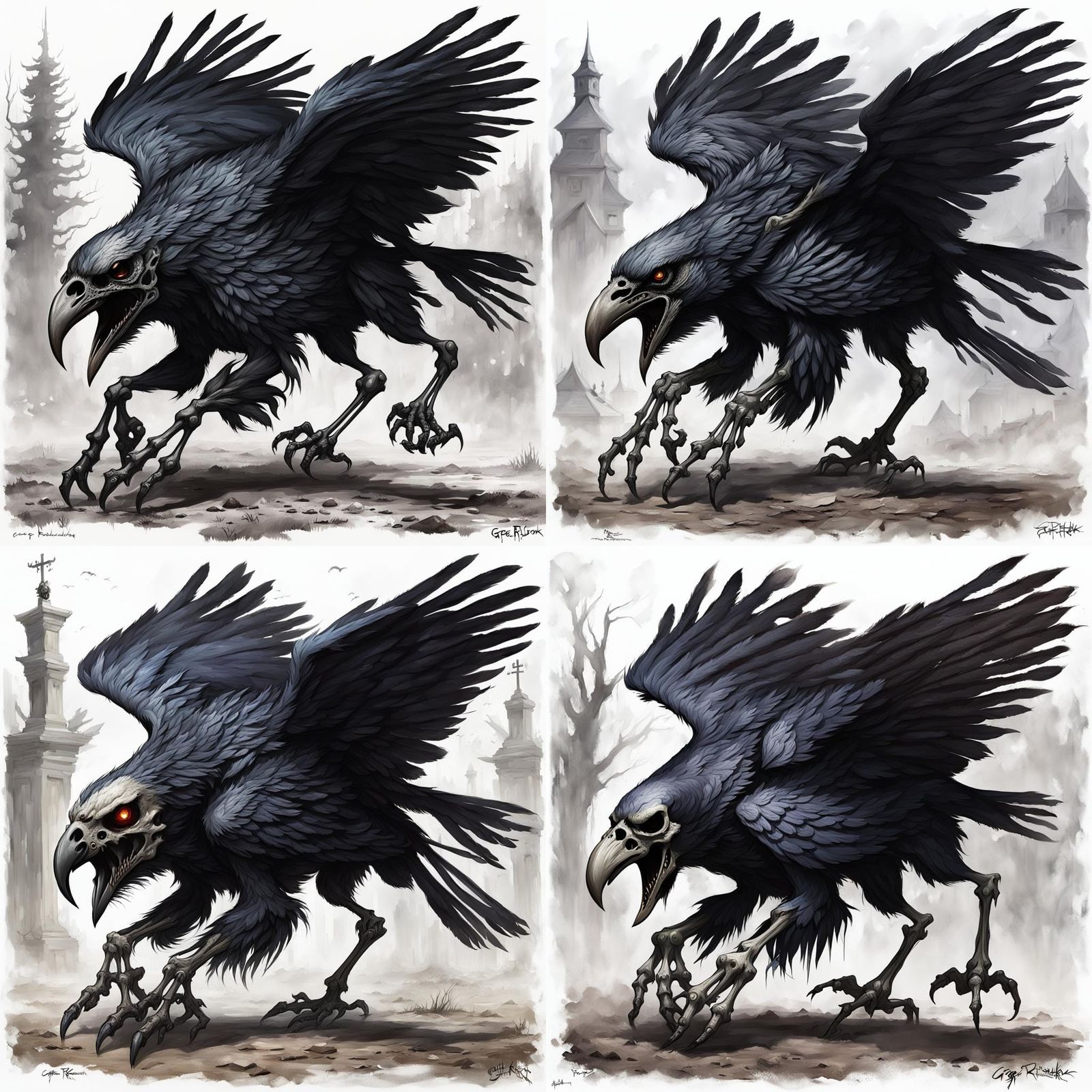 undeath griffon-raven head monster, 4 legs, dark fantasy, sk...