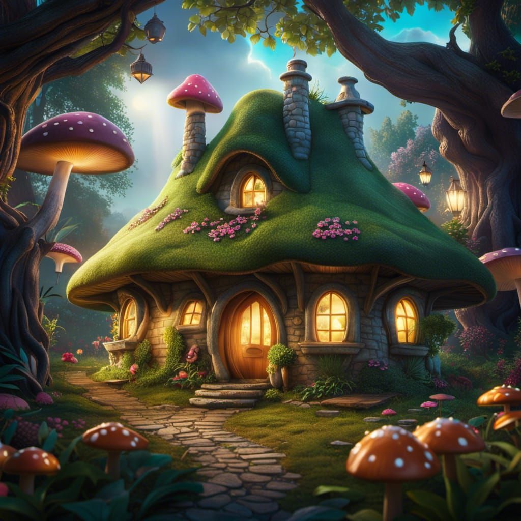 Whimsical Fairy Wonderland with a beautiful muchroom cottage sitting in ...