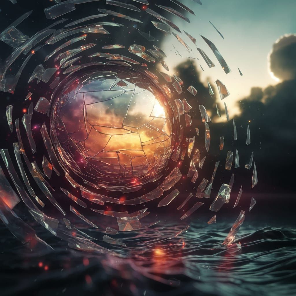 Cyberpunk Shattered Glass Abstract Seascape at Twilight