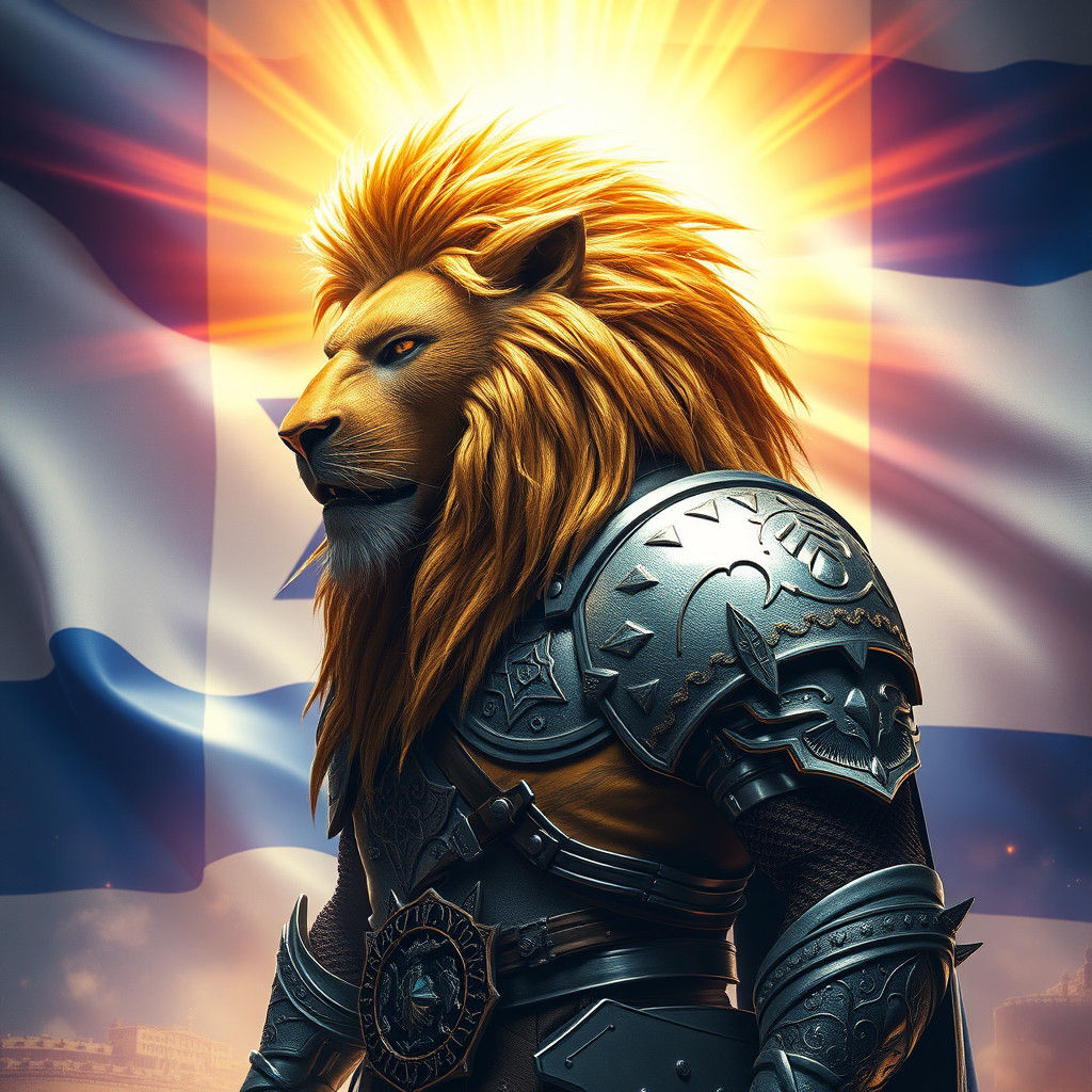 Lion-Maned Warrior Stands Proudly Before Israeli Flag