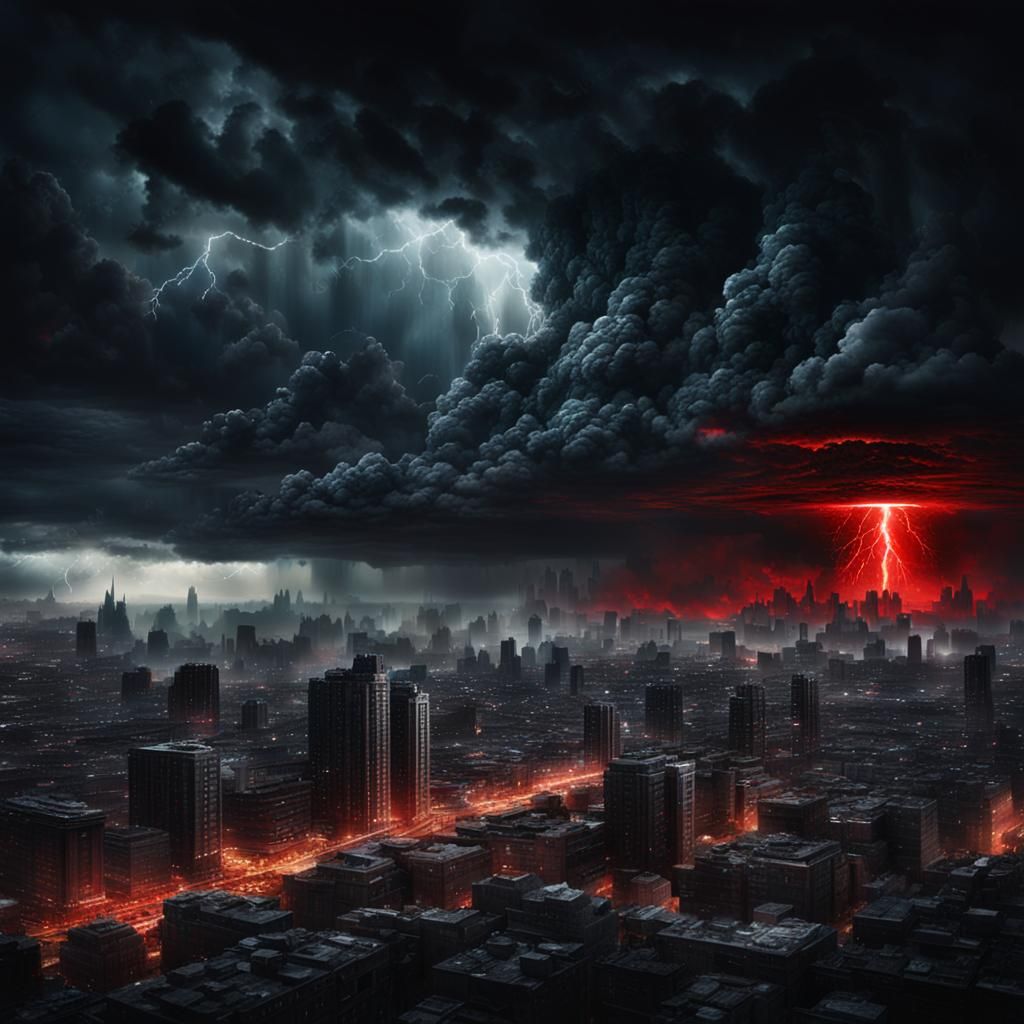 a dark storm with a red core over a city at night time in an apoclypse