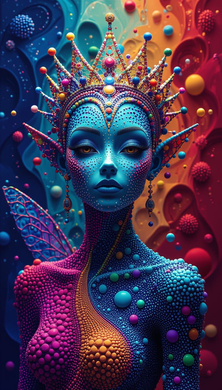 A highly abstract, vibrant, crowned fairy alien composed of hyper-detailed, multi-form dots and textured as various skins rugueux. Playing w...