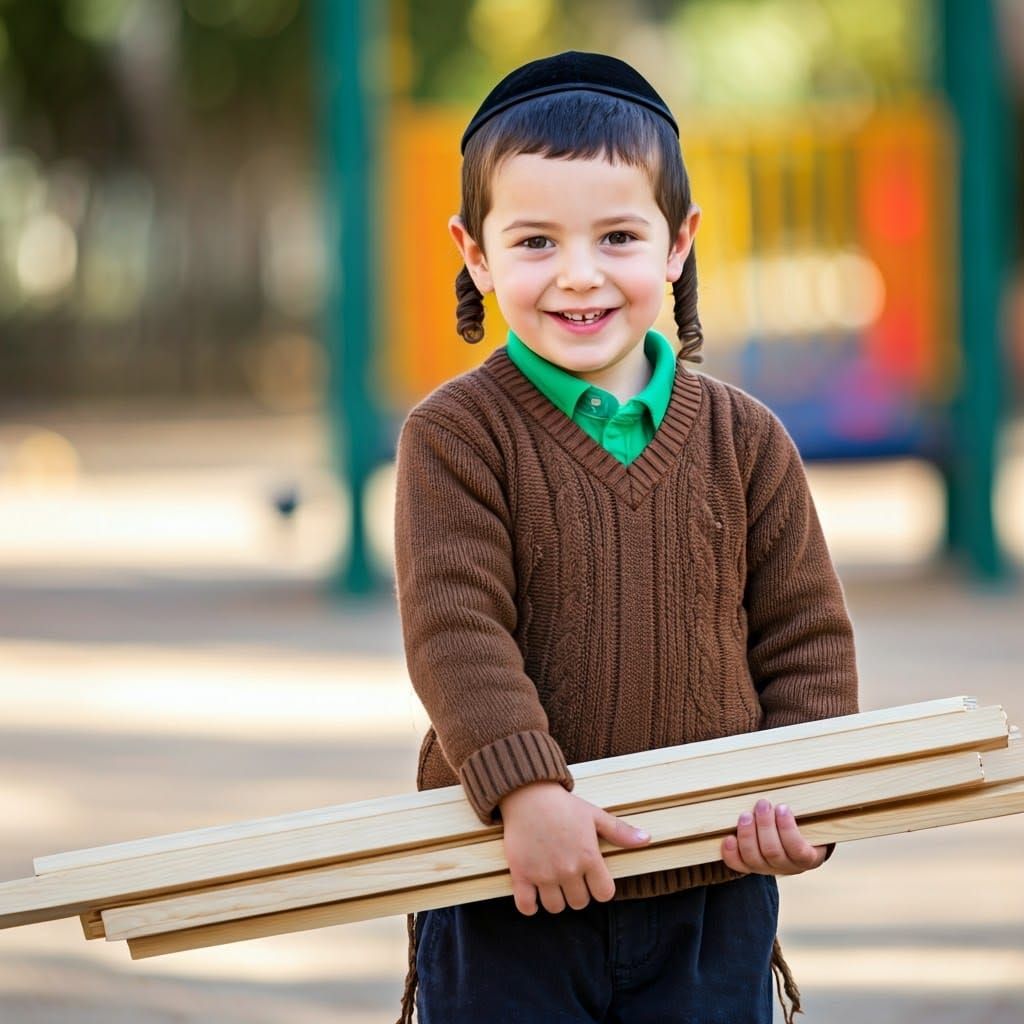 Haredi Boy Smiling with Planks in Hands