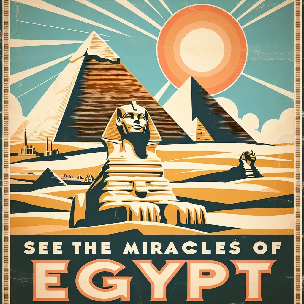 Vintage style travel poster featuring pyramids and the sphinx in the desert. Text saying: "See the miracles ...  by @Pharaoh Julia