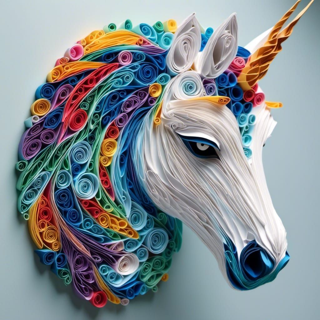 Detailed 3D Paper-Collage of a Unicorn Head