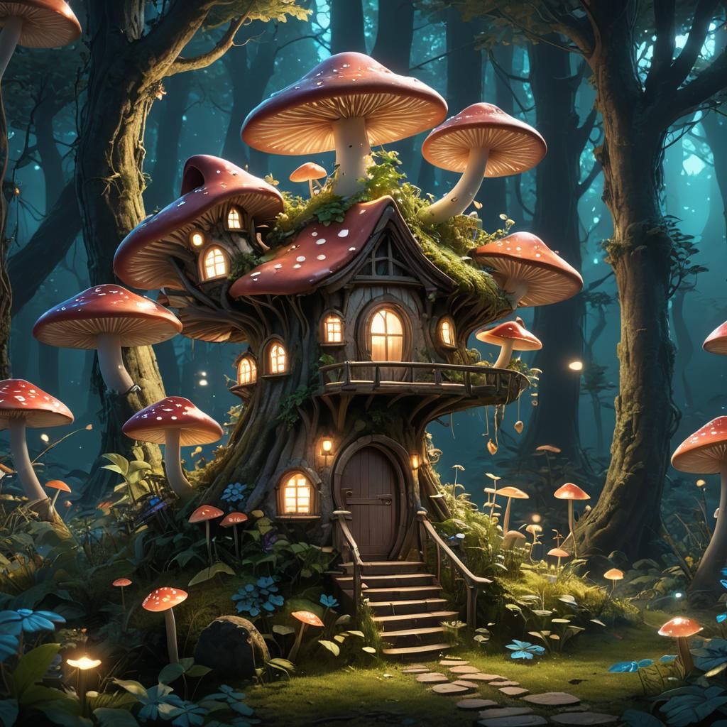 A MASHROOM HOUSE WITH MOUNTAIN