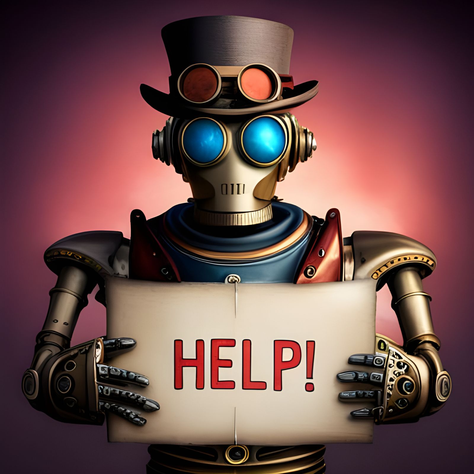 steampunk robot holding sign saying help