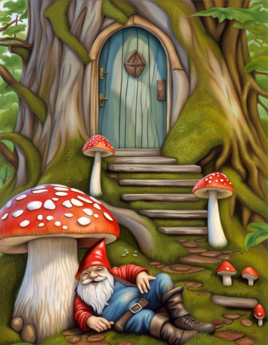 photorealistic, detailed gnome, nature, amanita mushrooms, tree house ...