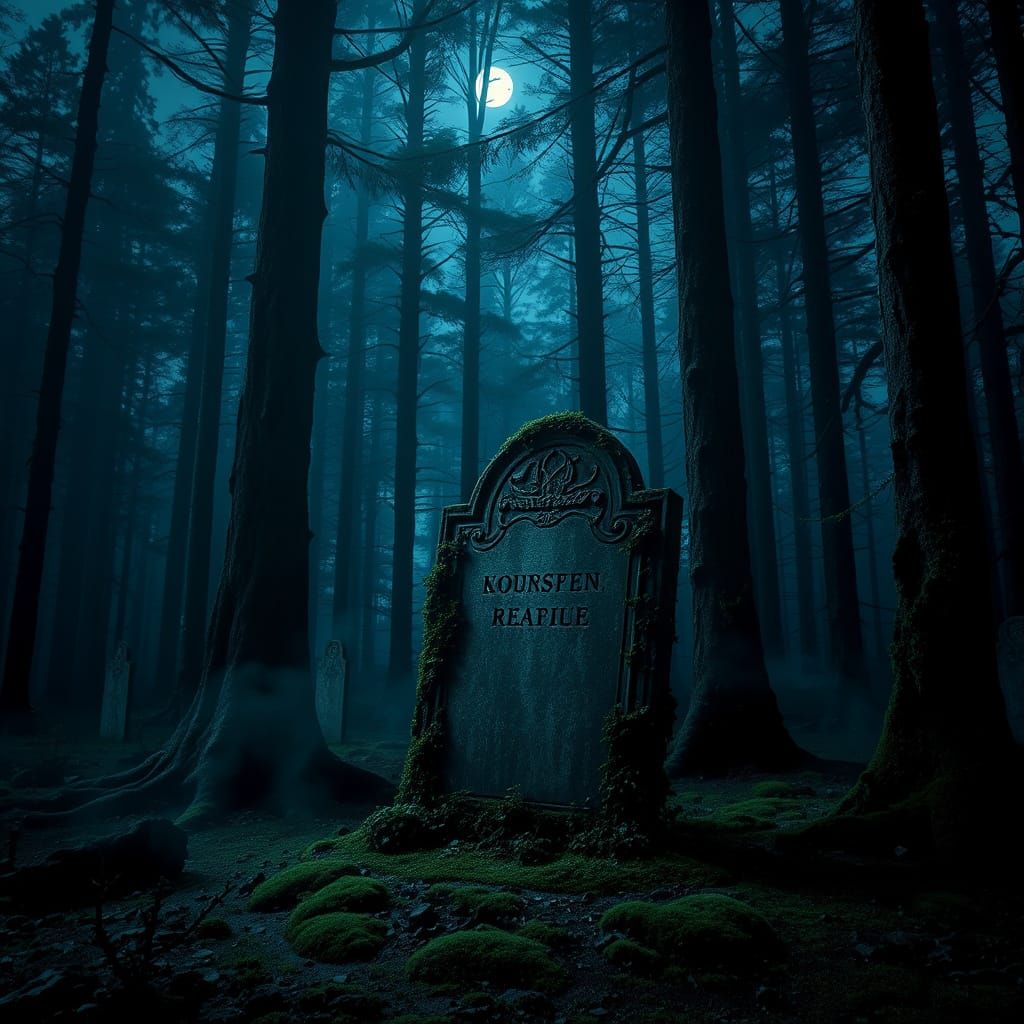 Eerie Gravestone in Forest Under Moonlight