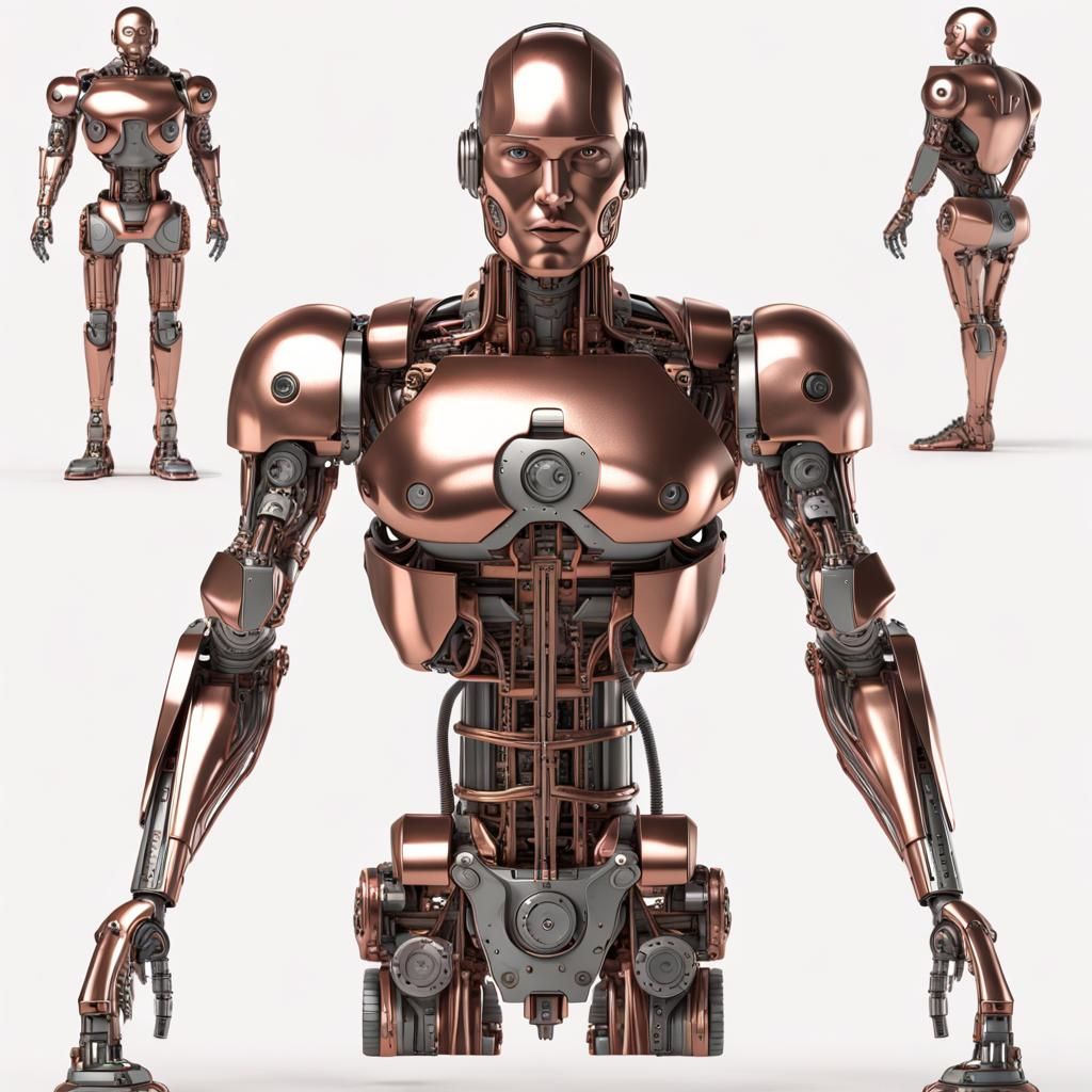 Cyborg Robot Man. Copper metal skin. Internal robotics showi...