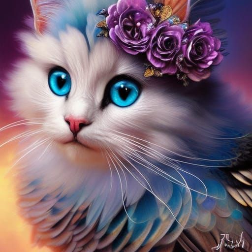 Feathered Cat with flowers - AI Generated Artwork - NightCafe Creator