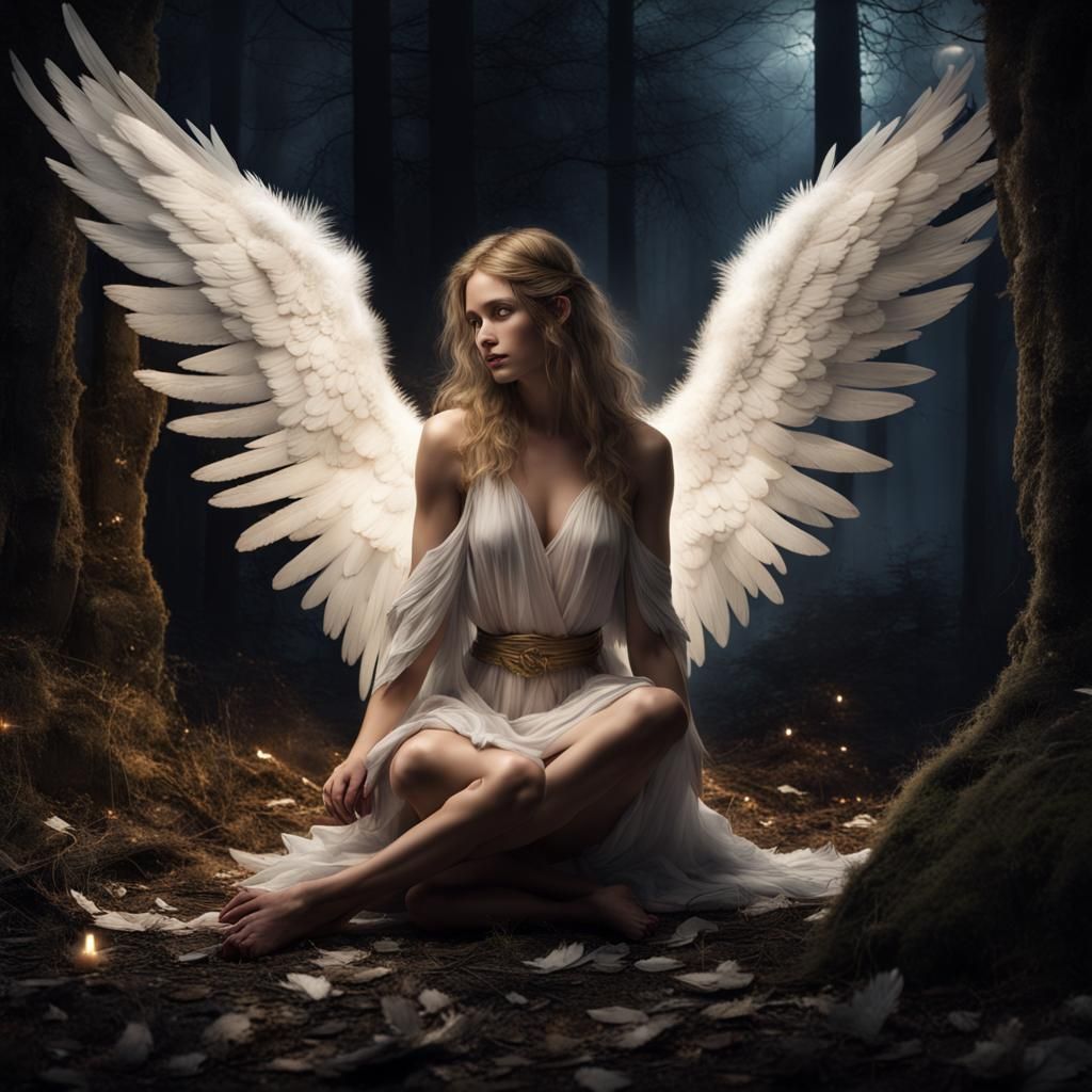 female angel wrapped in her wings sitting hunched on the ground with ...