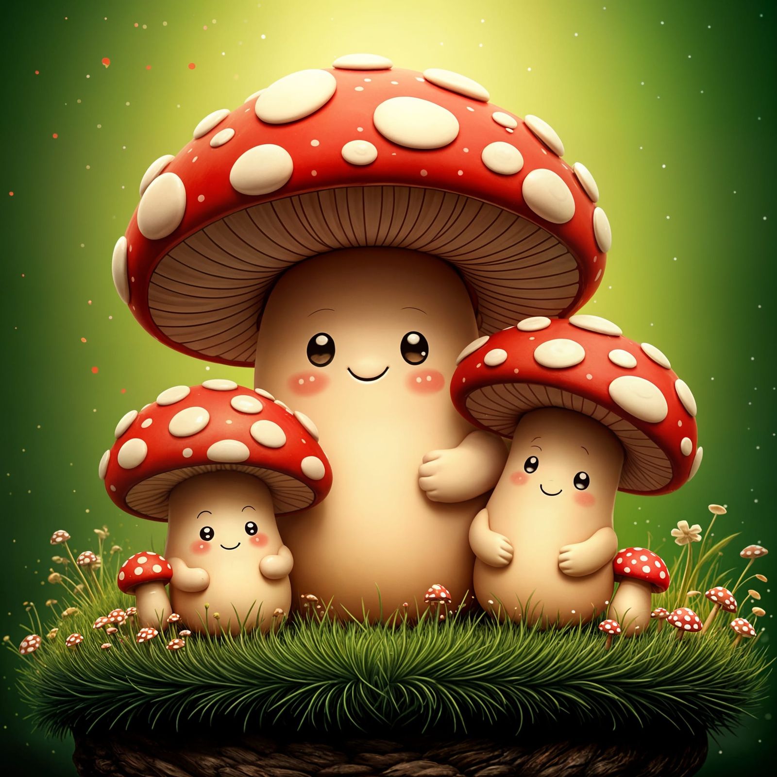 An incredibly rich colored Kawaii painting of happy smiling red-polka-dot topped mushroom family  by @Dantonio