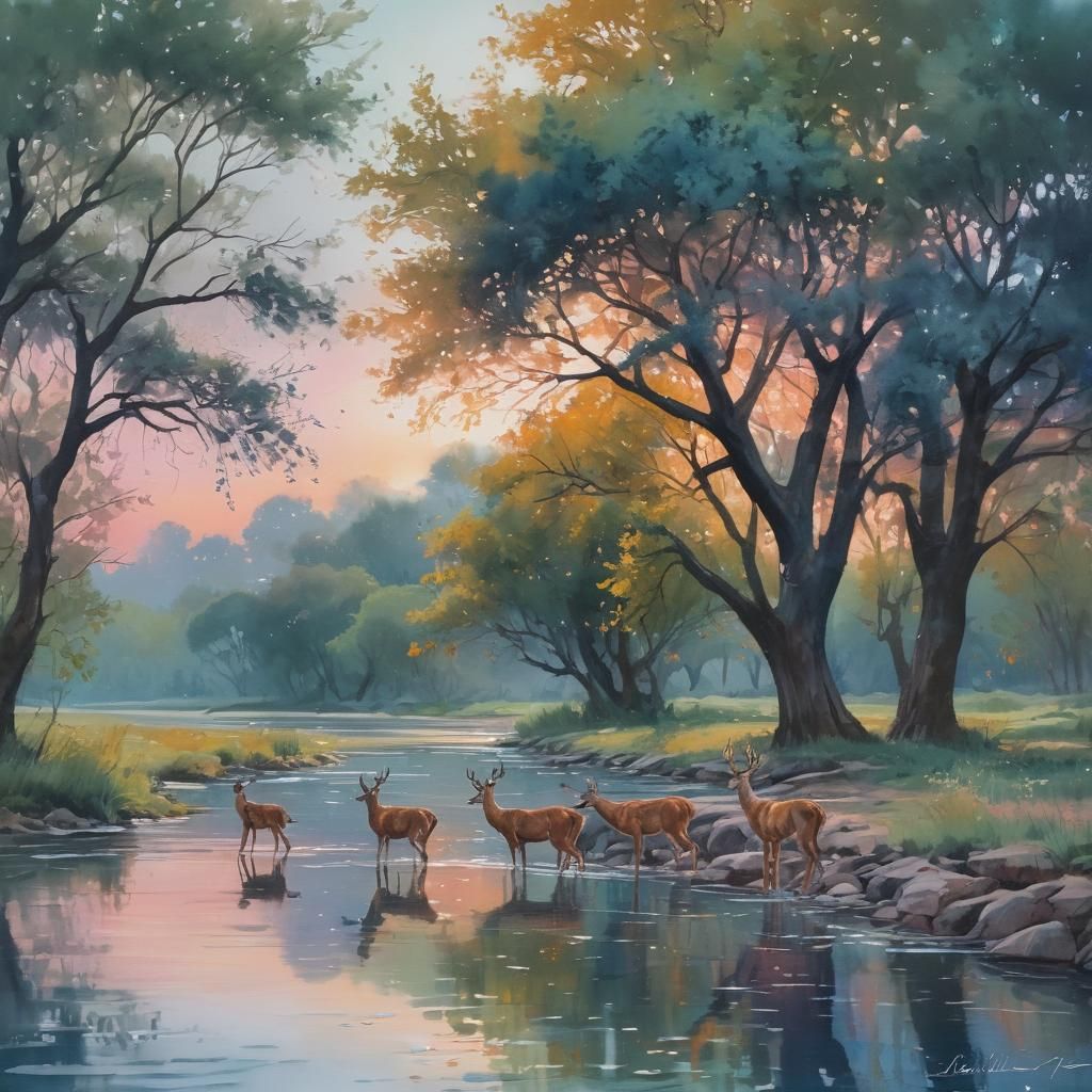 Deer at River's Edge in Impressionist Watercolor