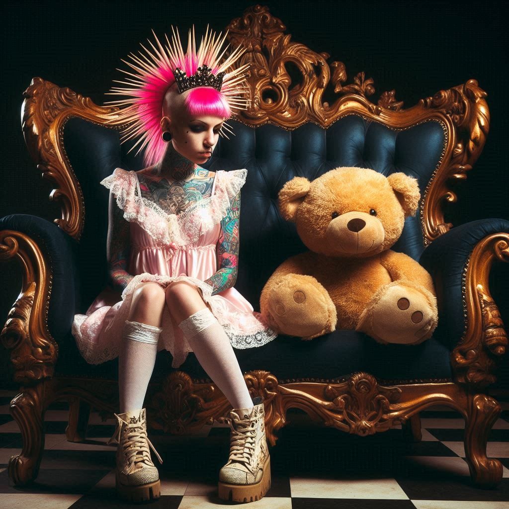 With teddy on a fauteuil