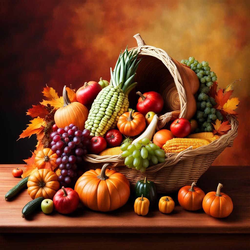 A realistic photo of a cornucopia made of woven straw, fille...