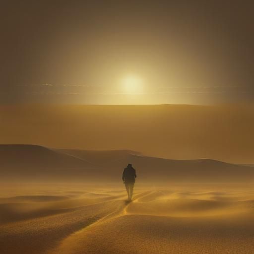 Lone Figure in Yellow Desert Dust Storm Painting