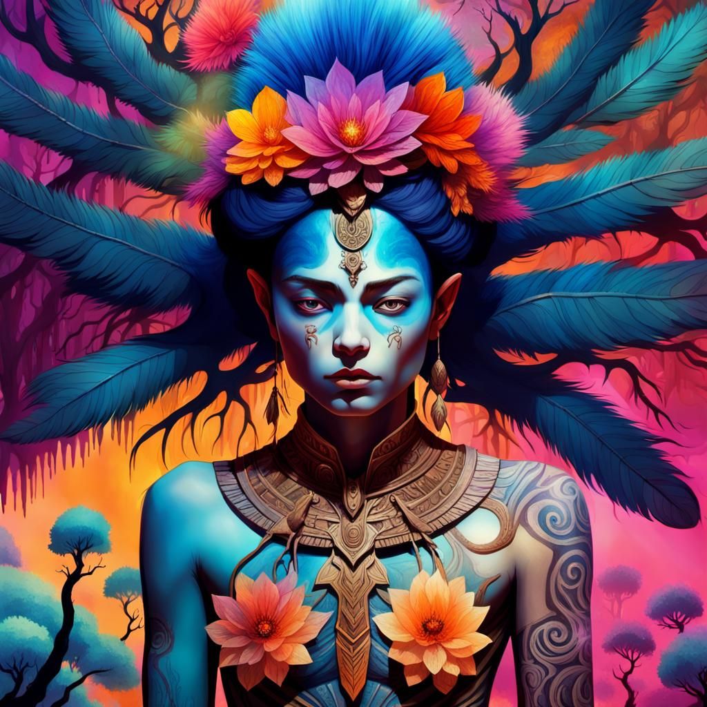 Mystical Warrior and Ancient Tree in Fantasy Art