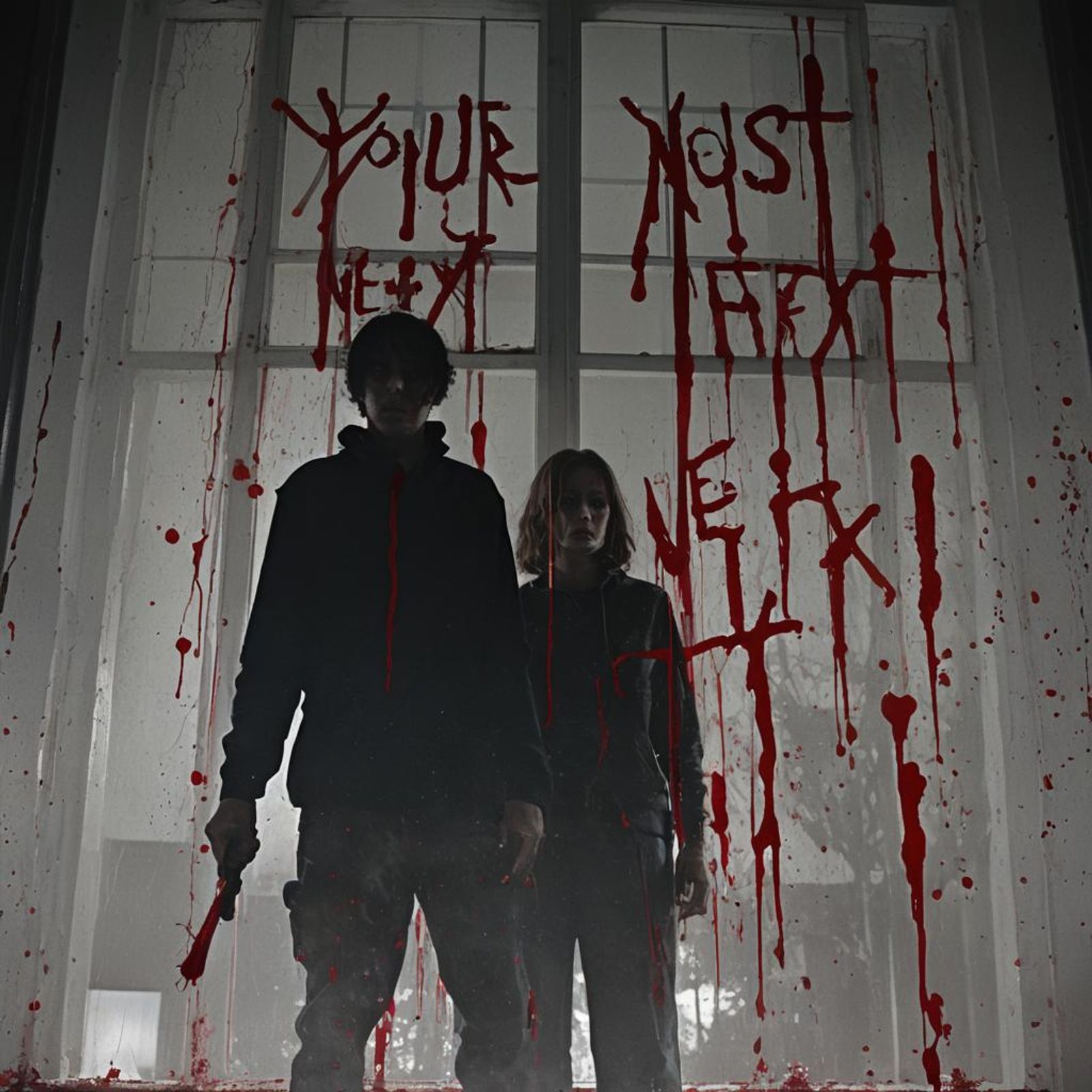 a window covered in blood with the words your next on it and a person