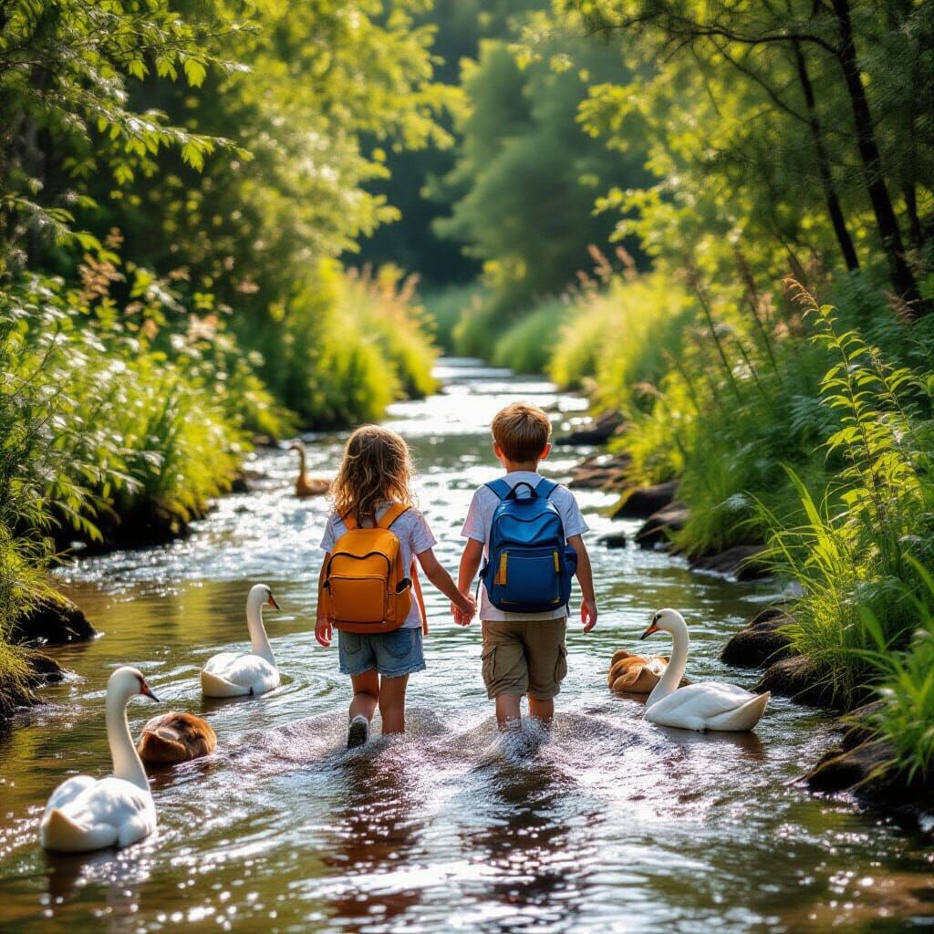 Children Beside River with Swans