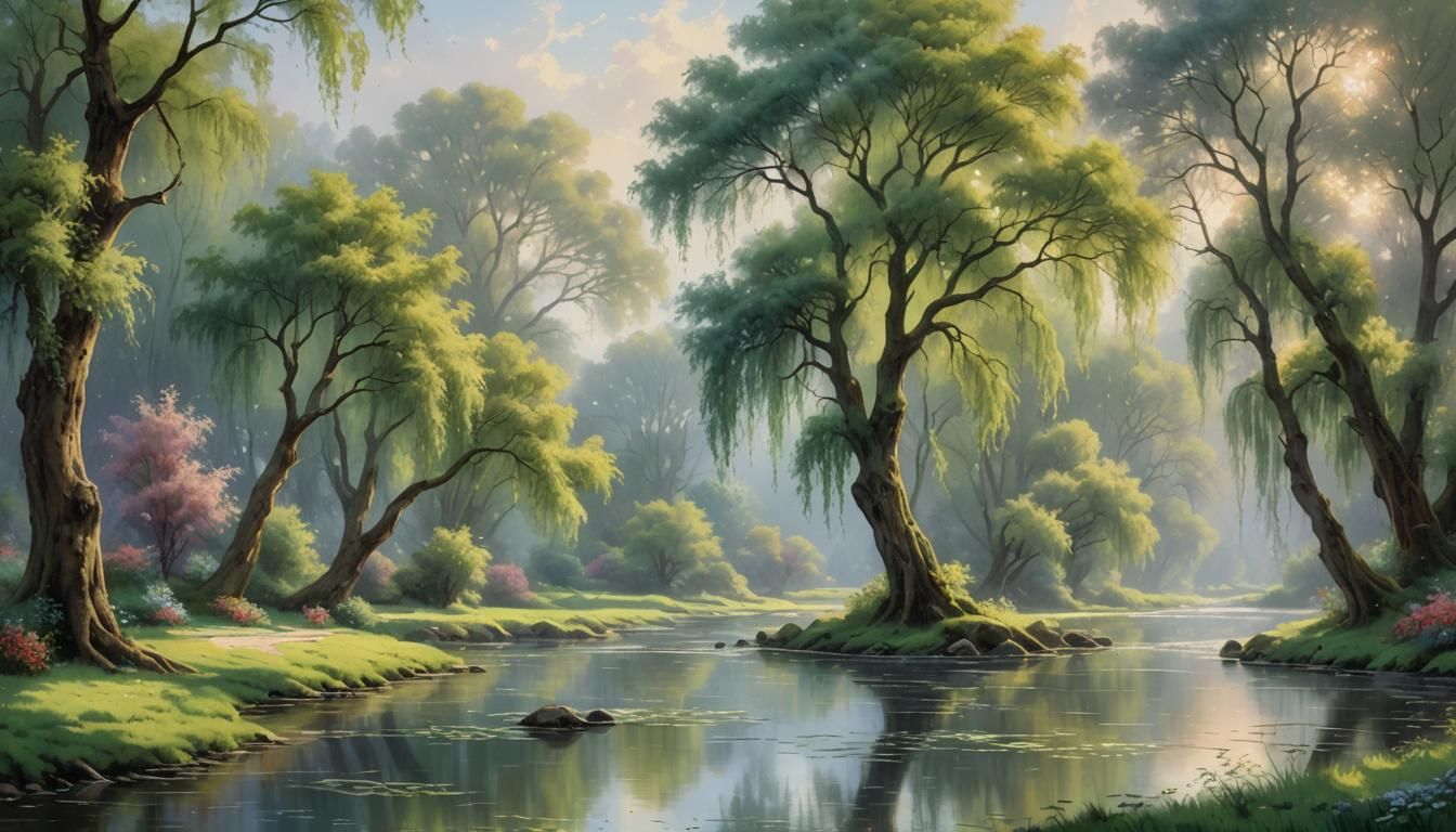 An impressionist oil painting of a serene riverbank with wil...