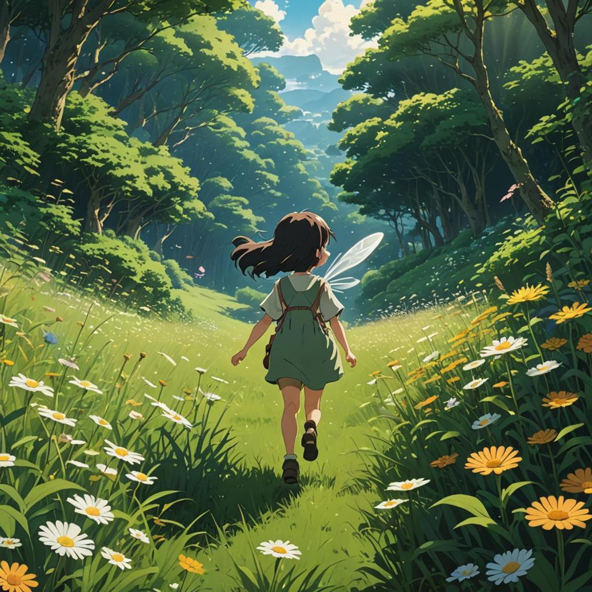 a little girl in a meadow, fairies flying around her Studio Ghibli ...