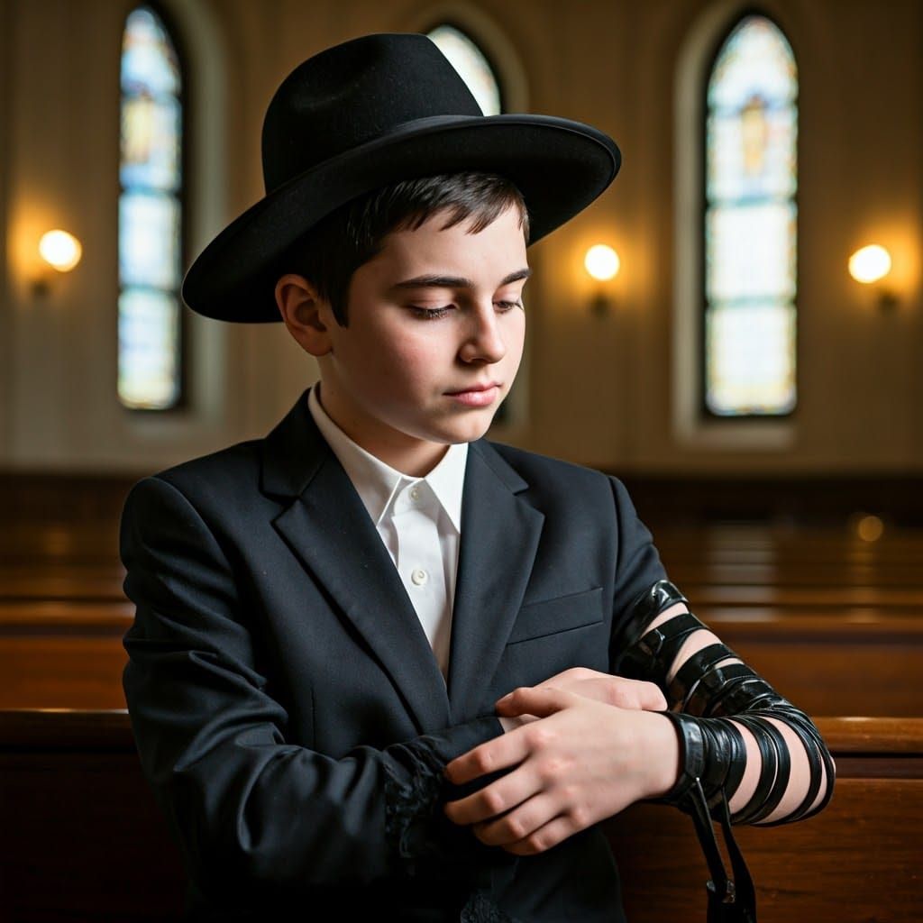 A Young Hasidic Boy in Contemplation with Tefillin