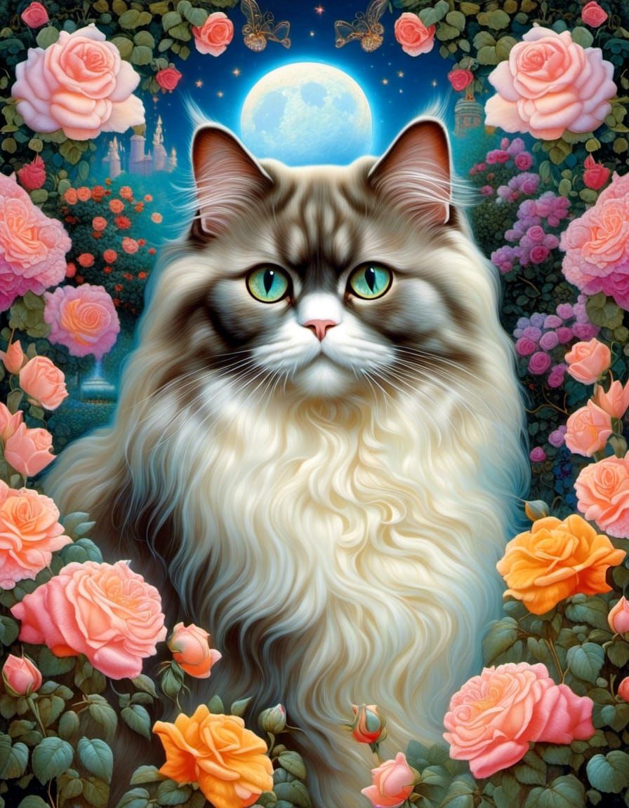 Absolutely stunning, an elegant Persian Cat amid multi-hued blooms of a rose garden, digitally enhanced, dazzling flower garden, hyperrealis...
