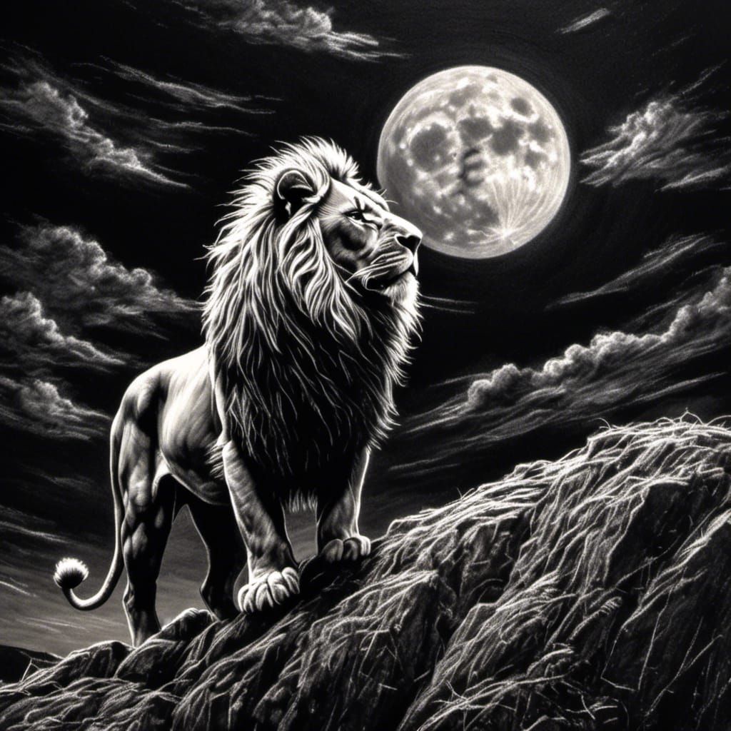Majestic lion standing on a cliff with a glowing moon behind. <lora:Chalk on black:1.0> White chalk on black paper, rough strokes, shadows,...