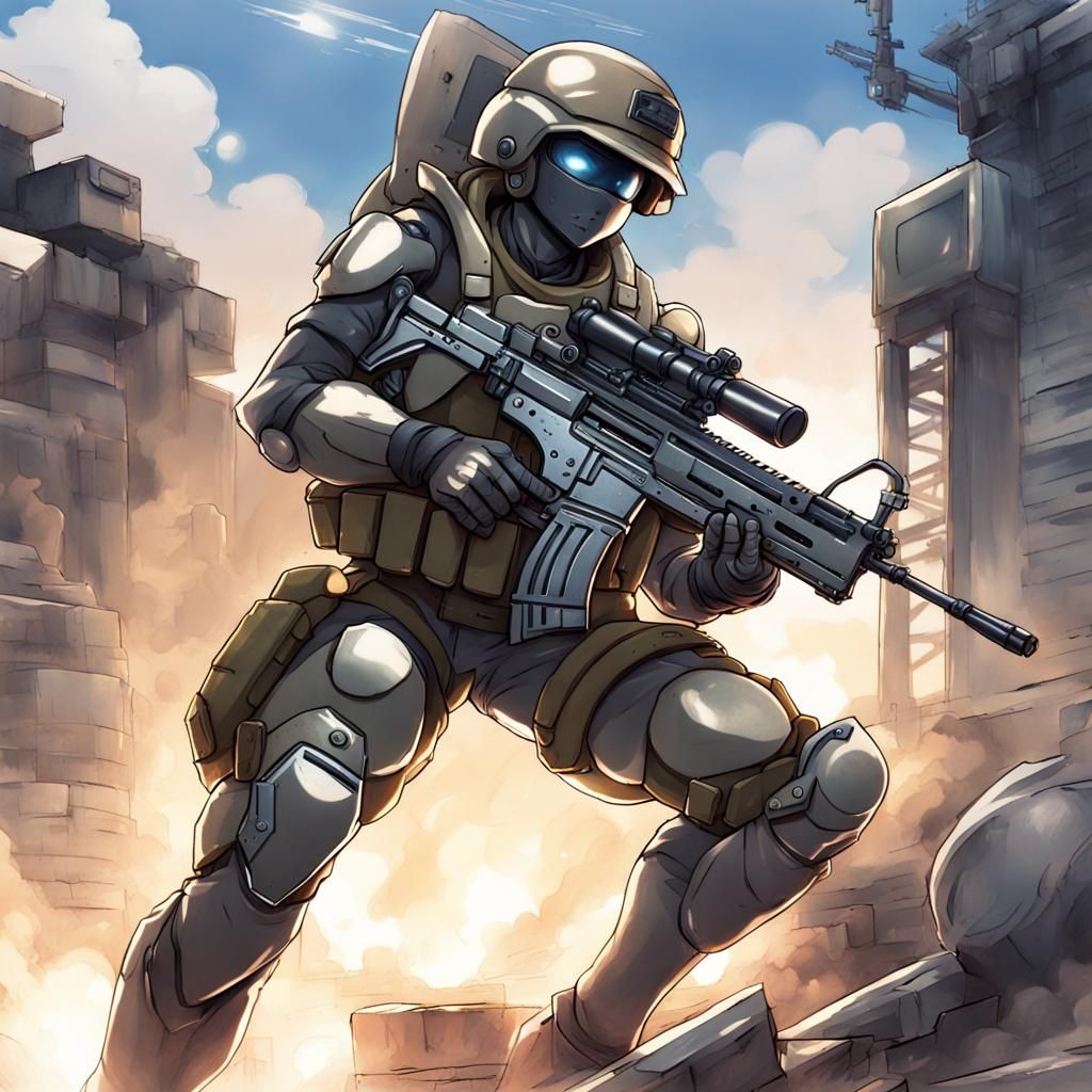 powered armor soldier holding machine gun