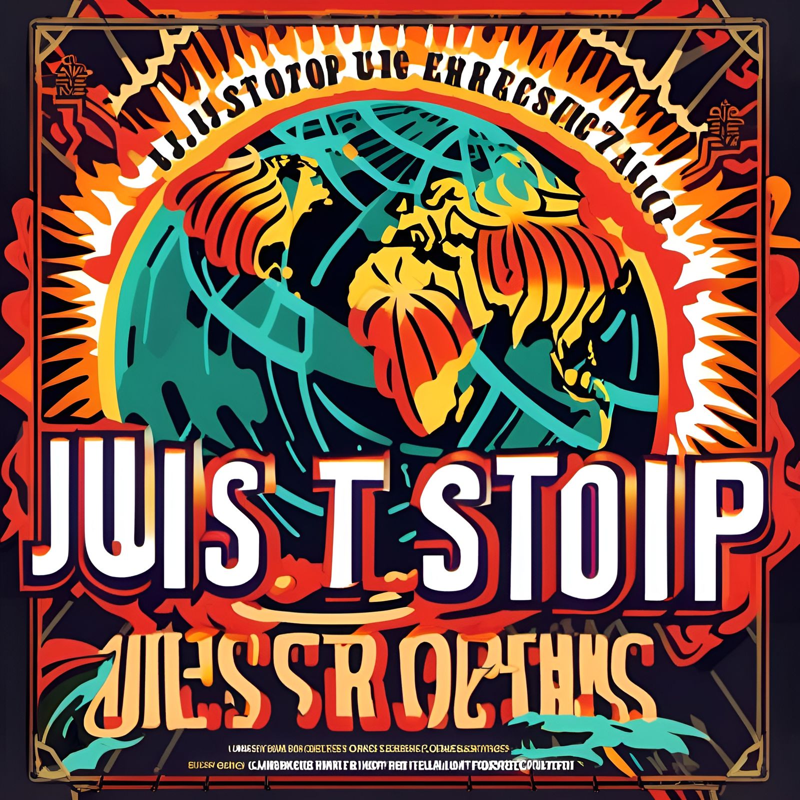 Billboard with big text saying "JUST STOP"<lora:TEXT:1.0>, climate protest, propaganda, capital letters, CO2 emissions depicted, Arial Font,...