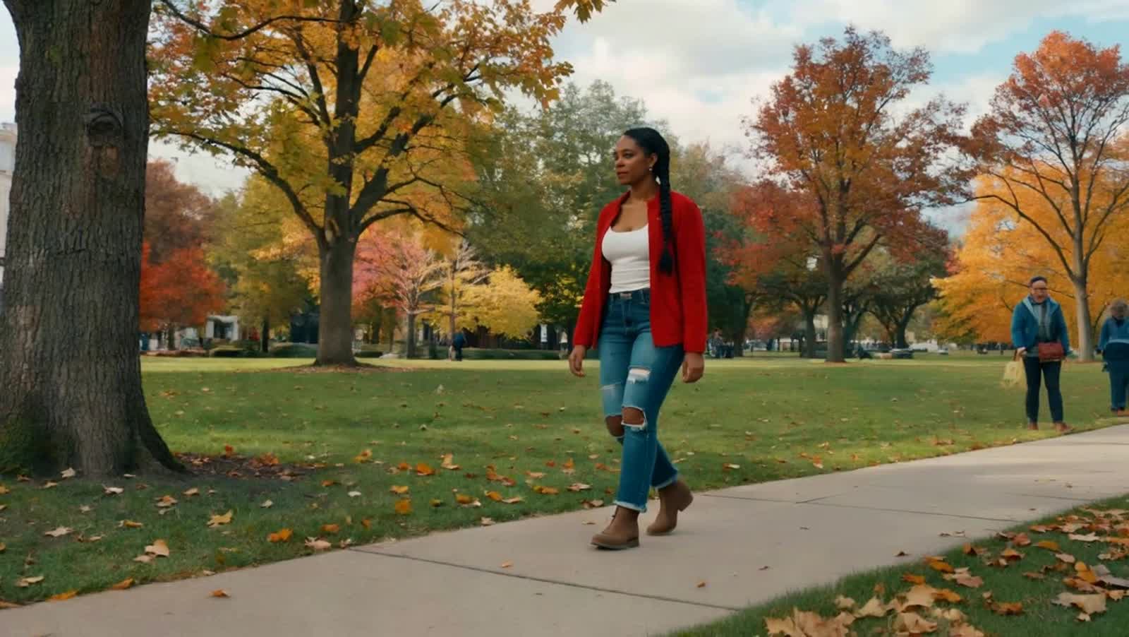 hyperrealistic 53 year old black woman with long black sisterloc hair dressed in distressed jeans, a white halter top, a...
