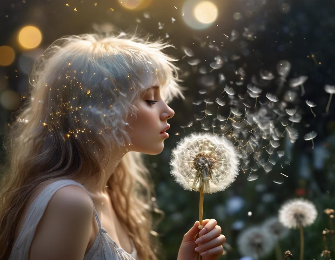 insanely detailed Iridescent beautiful dandelion shaped like a faceless woman blowing in the breeze in ...  by @Summerchild