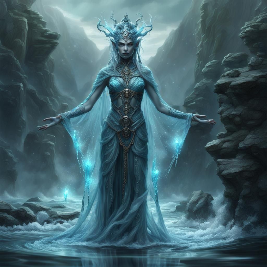 water nymph, humanoid, dark fantasy, art, light blue skin, female, full figure, mystic priestess, strict motherly figure, scanty and transpa...
