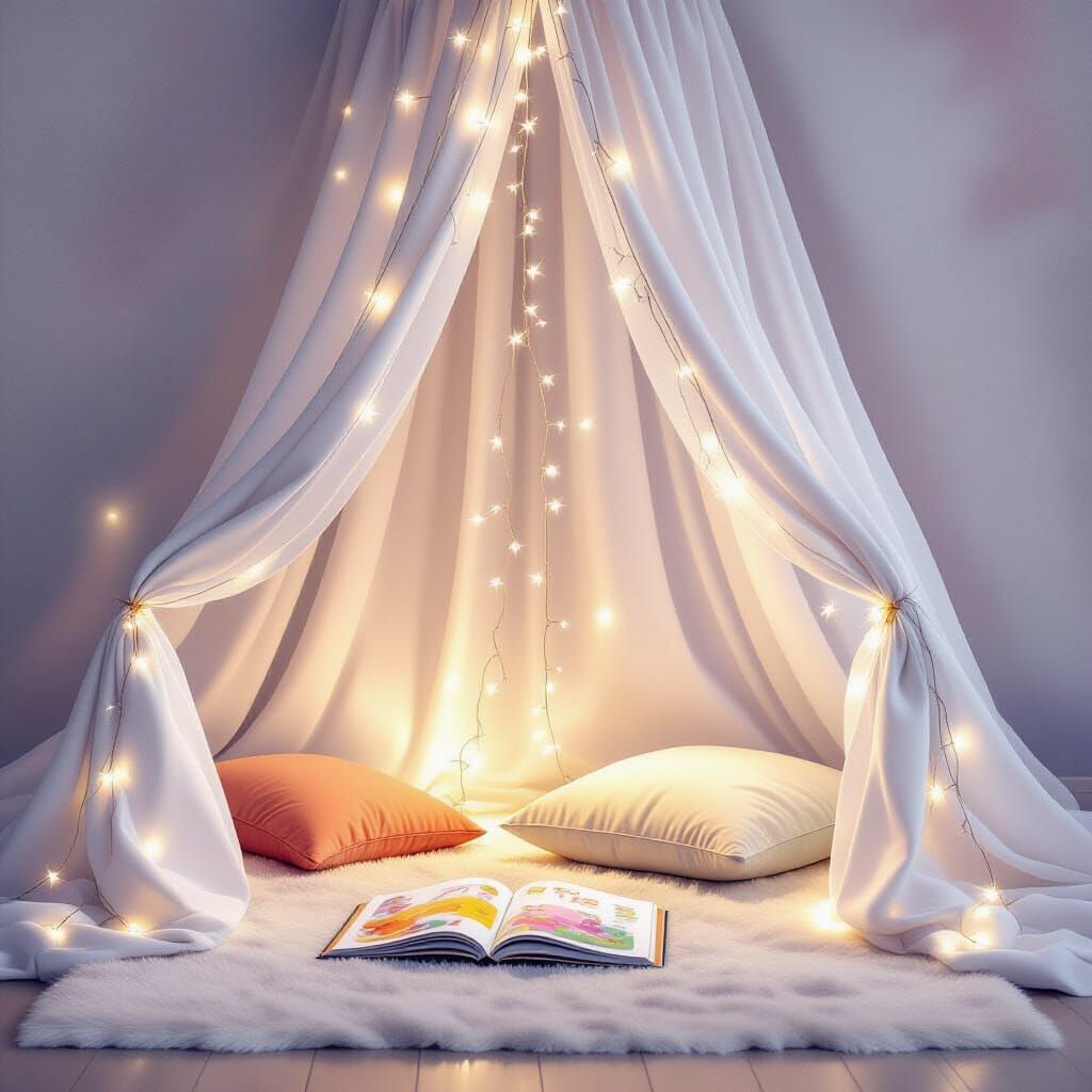 A whimsical blanket fort constructed from flowing, sheer fabrics and illuminated by a cascade of fairy ...  by @undefined