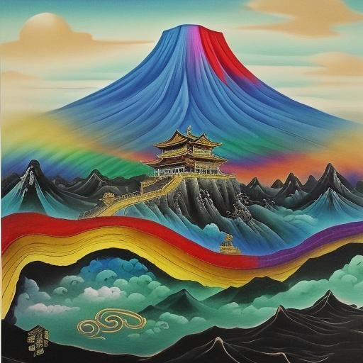Surreal Chinese Dragon in Rainbow Mountain Landscape