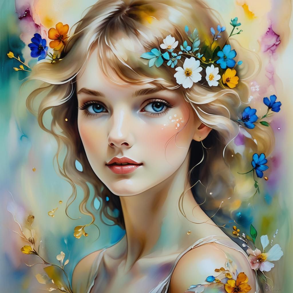 Dreamlike Portrait of Woman with Flowers as Oil Painting
